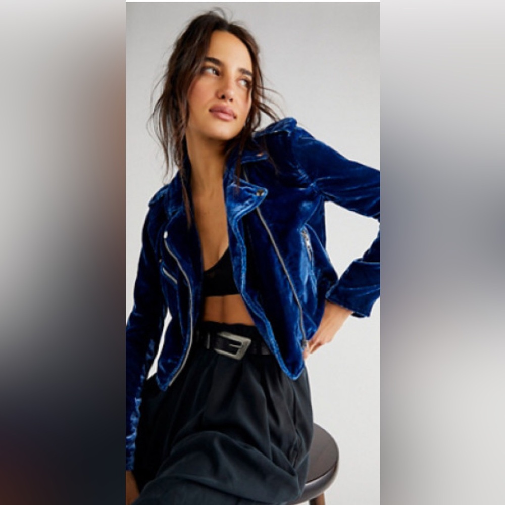 Understated leather blue VELVET moto jacket Small